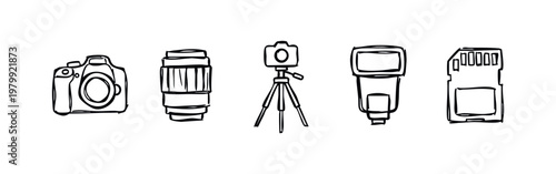 Doodle Icons: Camera, Lens, Tripod, SD Card, Speedlight