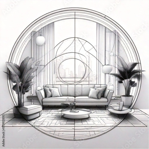 Modern Living Room Interior Design with Sofa and Plants.