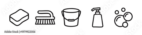 Cleaning supplies line art icon set, featuring sponge, brush, bucket, soap dispenser, and bubbles.