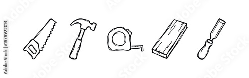 Hand-drawn woodworking and carpentry tools doodle icon set, includes saw, hammer, tape measure, wood, and chisel.