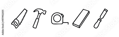 Woodworking and carpentry tools line art icon set, includes saw, hammer, tape measure, wood, and chisel.