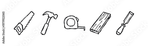 Hand-drawn carpentry tools doodle icons, featuring saw, hammer, tape measure, wood plank, and chisel.