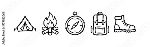 Hand-drawn camping and hiking gear doodle icon set, includes tent, campfire, compass, backpack, and boot.