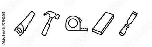 Carpentry tools line art icons, featuring saw, hammer, tape measure, wood plank, and chisel.