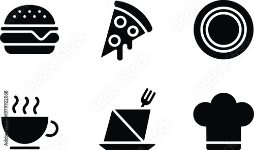 Collection of flat black icons representing popular fast food restaurant items and culinary kitchen supplies