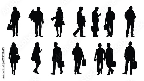 A collection of silhouetted figures predominantly people walking and standing showcasing various poses and attire high quality professional detailed modern elegant