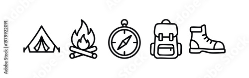 Camping and hiking gear line art icon set, includes tent, campfire, compass, backpack, and boot.