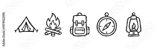 Hand-drawn camping and outdoor essentials doodle icon set, with tent, campfire, backpack, compass, and lantern.
