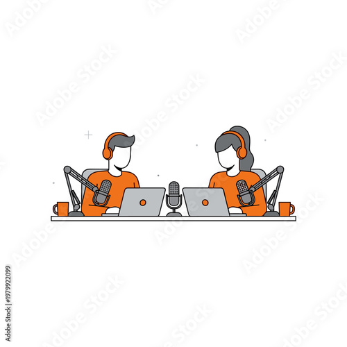 Two individuals engaged in a podcast recording session together