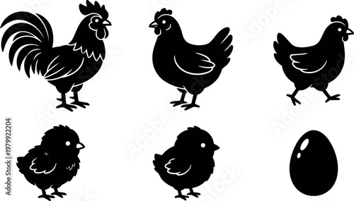 Rooster hen chicks and egg silhouettes