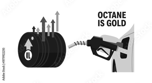 Fuel pump nozzle filling up black gas tank with arrows indicating increasing fuel efficiency in sleek modern illustration for automotive advertising