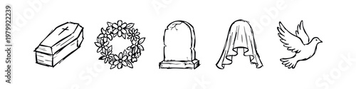 Hand-drawn funeral and memorial service doodle icon set, includes coffin, wreath, tombstone, shroud, and dove.