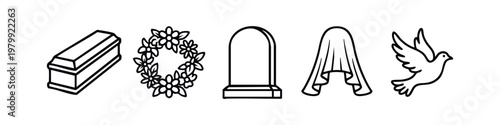 Funeral and memorial service line art icon set, includes coffin, wreath, tombstone, shroud, and dove.