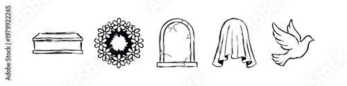Hand-drawn funeral and mourning doodle icons, featuring coffin, wreath, tombstone, shroud, and dove.