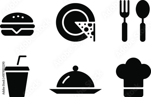 Black silhouette icons featuring common restaurant items like burger pizza cutlery beverage and chef hat symbols