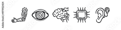 Transhumanism and Bionic Enhancement Hand Drawn Doodle Icon Set