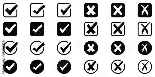 check mark icon button set. check box icon with right and wrong buttons and yes or no checkmark icons in green tick box and red cross. eps 10