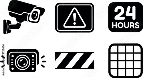 Black and white security camera icon set with warning and barrier signage