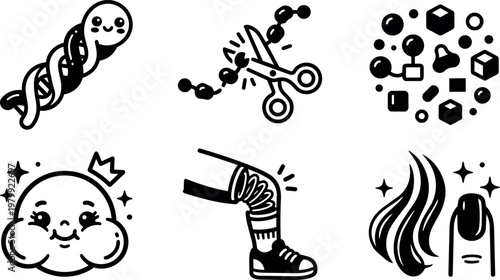 Cute dna helix gene scissors cutting molecule smiling baby face leg spring hair strands icon set