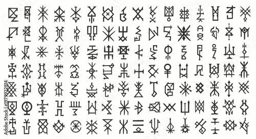 Hand Drawn Tribal Symbols Set, Ethnic Geometric Glyphs and Abstract Icon Collection on White Background