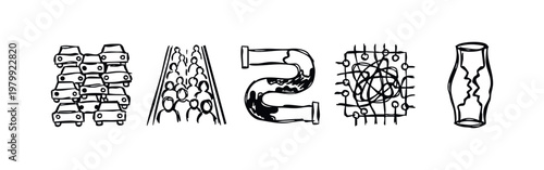Hand-Drawn Icons Illustrating Traffic, Crowds, and Technology