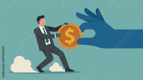 Tableau sur toile Businessman in tug-of-war for money against a large, powerful hand