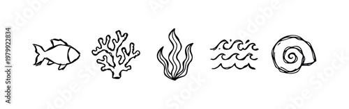 Drawn Icons of Marine Life and Ocean Elements