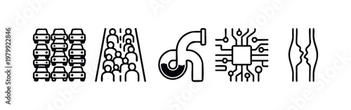Outline Icons for Traffic, Crowds, and Technological Concepts