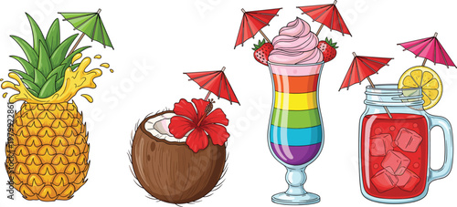 Tropical drinks collection, pineapple coconut cocktail smoothie set, colorful summer beverages illustration, fresh fruit juice design, refreshing vector icons