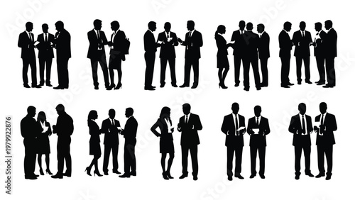 A collection of black silhouette figures depicting business professionals interacting networking and engaging in meetings high quality professional detailed modern elegant
