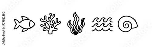 Outline Icons for Marine Life and Ocean Environment