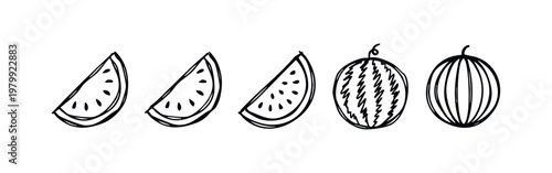 Hand-Drawn Icons of Watermelon Slices and Whole Watermelons