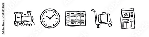 Doodle icons for travel and transportation: train, clock, calendar, luggage cart, ticket machine.