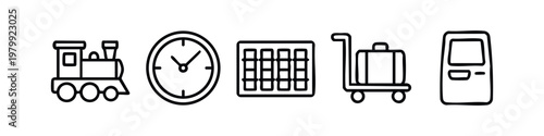 Line art icons of transportation and travel elements: train, clock, grid, luggage cart, ticket booth.