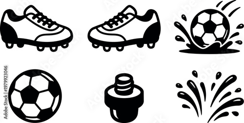 Black and white soccer shoes ball and water splash icons set