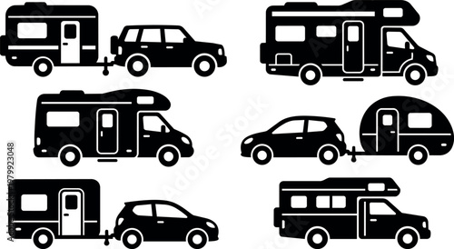 Black silhouette vector art of rv camper vans cars and trailers side view