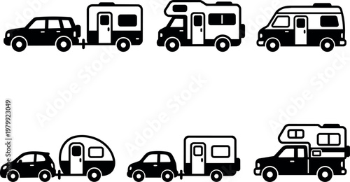 Black silhouette vector art of different recreational vehicles and campers in side view