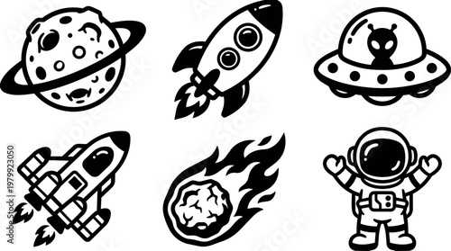 Black and white space icons including rocket alien asteroid and astronaut vector art