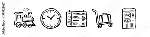 Hand-drawn icons representing travel and time: steam train, clock, schedule, luggage cart, ticket machine.