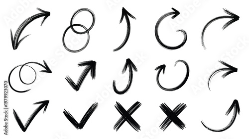 Collection of hand drawn black arrows swirls and checkmarks on a white background