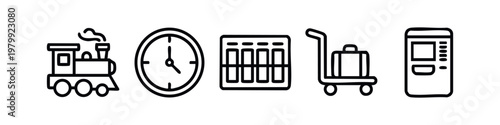 Simple line icons for travel and transportation: train, clock, grid, luggage trolley, ticket dispenser.