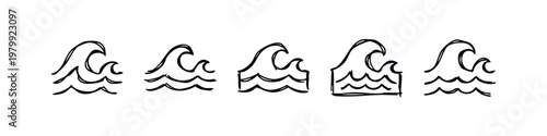 Doodle illustration of ocean waves in various styles.