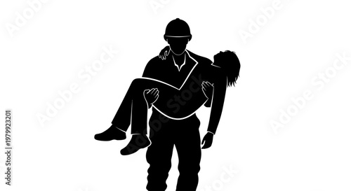 A silhouette of a man carrying a woman in his arms against a white background