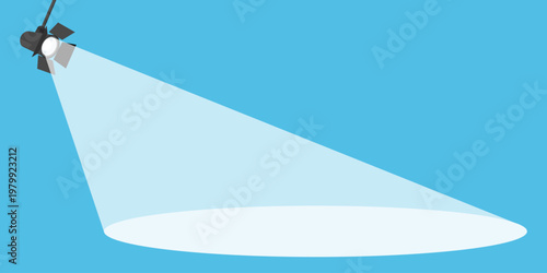 Single spotlight casting a cool conical beam and elliptical illuminated stage area on a blue background