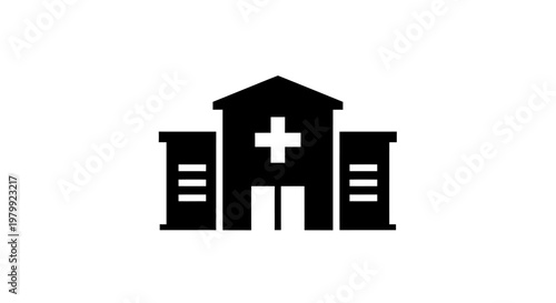 A black and white icon of a hospital building with a medical cross
