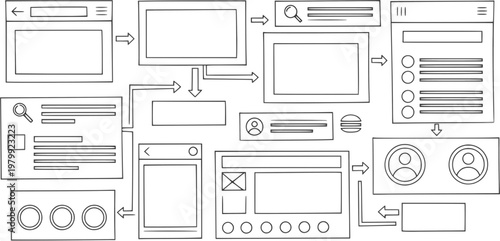 Detailed collection of abstract wireframe user interface and user experience design elements illustrating digital product development processes and interactive web application layouts