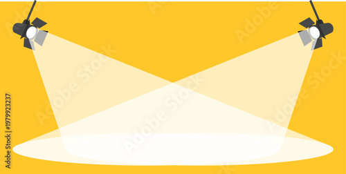 Prominent dual spotlights illuminating a wide elliptical stage area with crossing beams on a vibrant yellow background