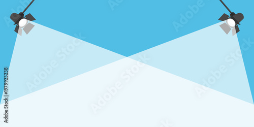 Two studio spotlights illuminating a wide area from above on a blue background, presentation template
