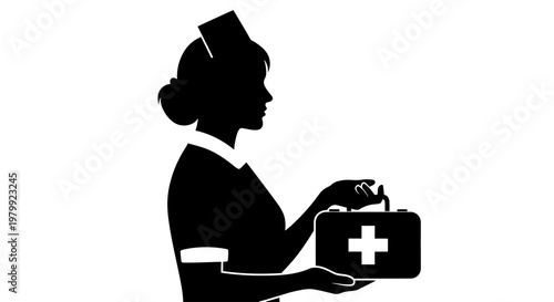A silhouette of a nurse holding a medical first aid kit