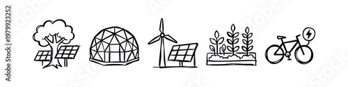 Doodle icons of eco-friendly elements: tree, solar panels, geodesic dome, wind turbine, plants, bicycle.